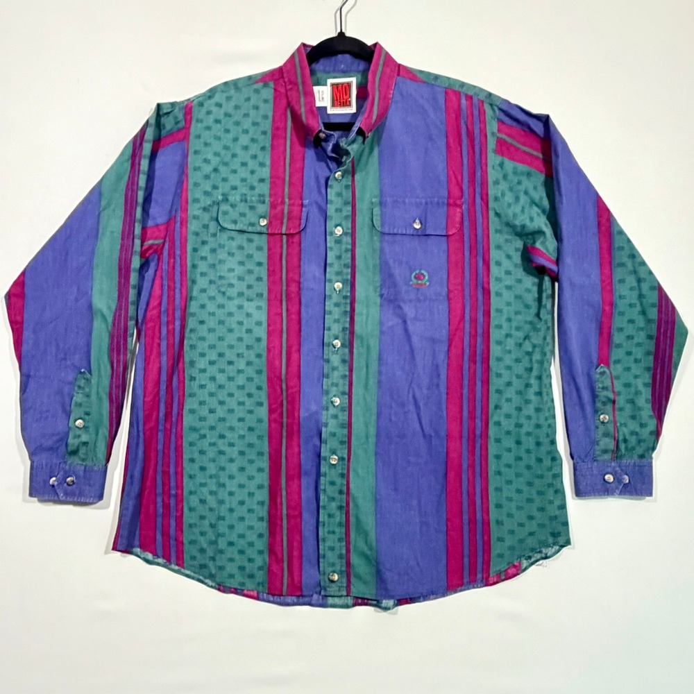 Mo Betta Button Down Shirt Vintage Striped 90s Rodeo Purple Teal Mens 17.5-36